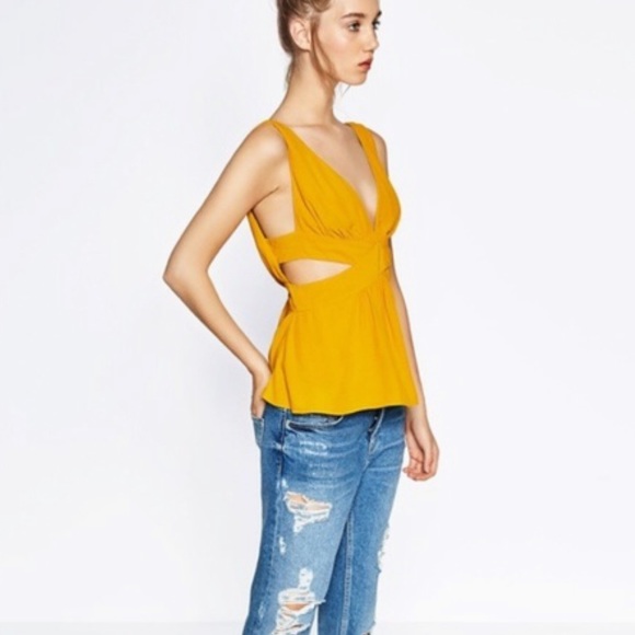 Zara Mustard Yellow Cutout Tie Back Blouse - Picture 3 of 6